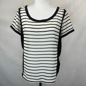 American Eagle Sheer Sz L Black White Striped Round Neck Back Accent Buttons